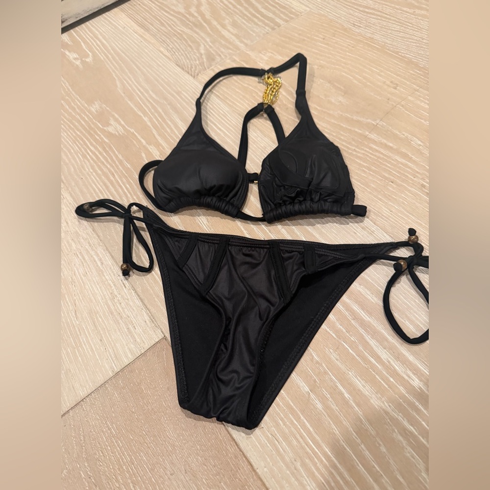 Guess Black String Bikini Set with Gold Accent on back